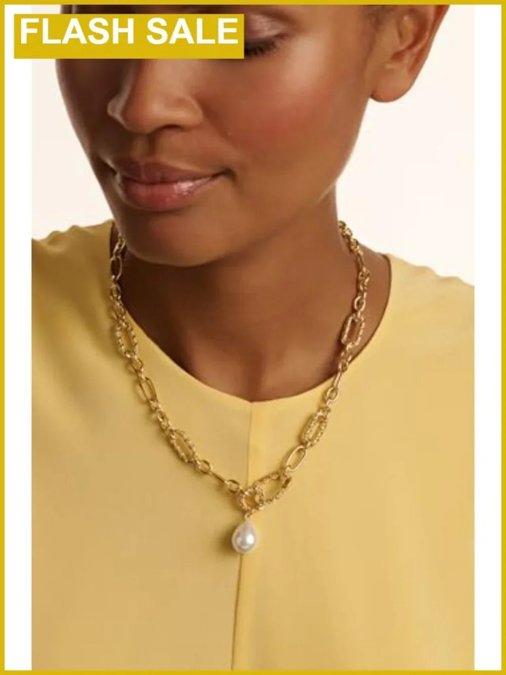 Gold Tone Plated Brass Twisted Chain Pearl Pendant Necklace Carabiner Clasp